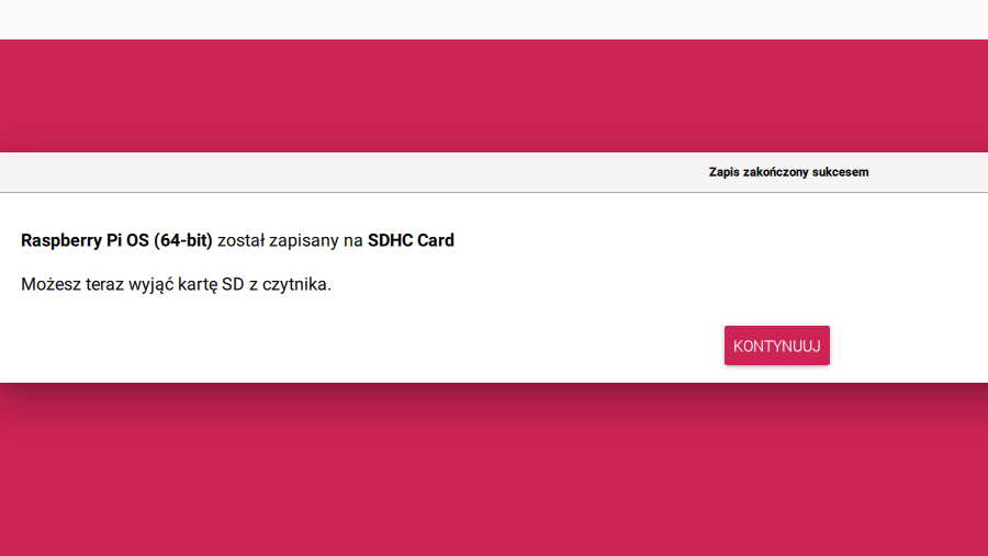 Raspberry Pi Imager - proces zakończony sukcesem