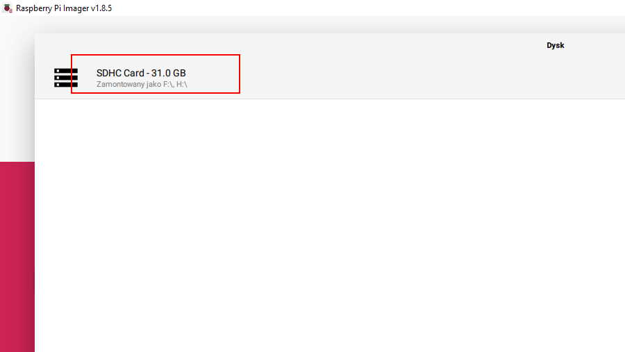 Raspberry Pi Imager - wybór dysku (karty sd)