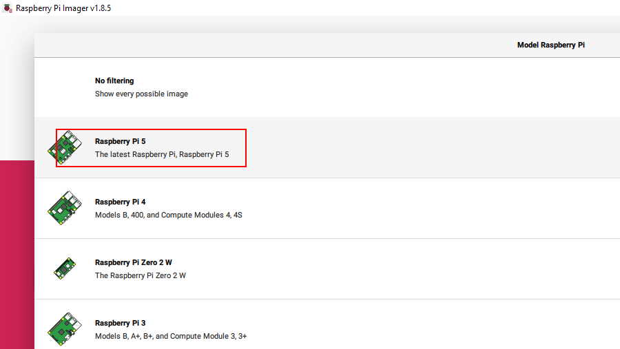Raspberry Pi Imager - wybór modelu urządzenia