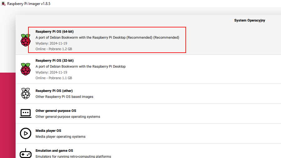 Raspberry Pi Imager - wybór systemu operacyjnego