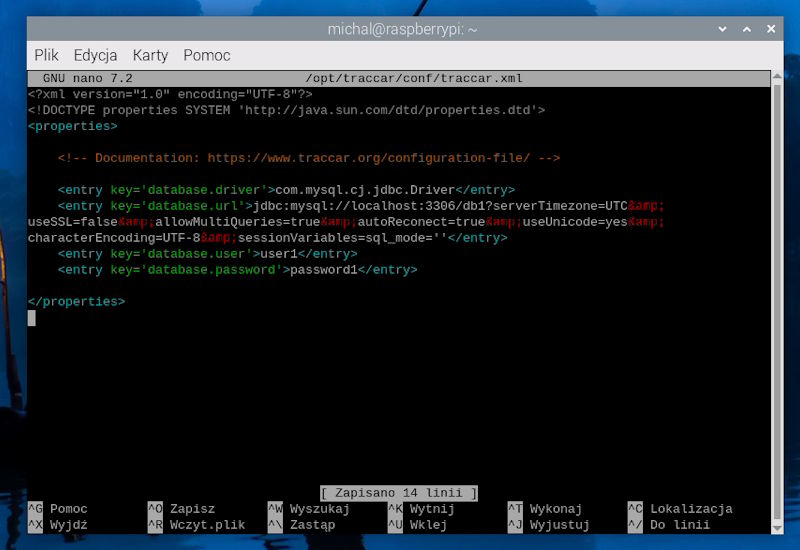 Wyjdź z edycji pliku traccar.xml CTRL+x