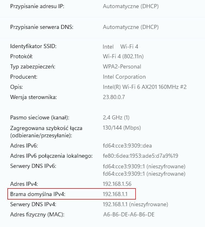 Adres IP w szczegółach połączenia sieciowego Windows