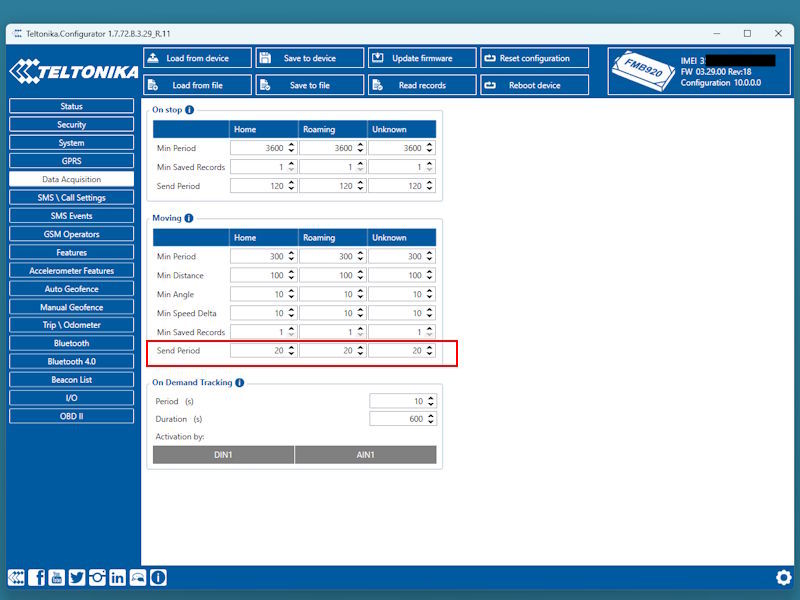 Teltonika Configurator, menu, zakładka Data Acquisition nadajnika GPS.